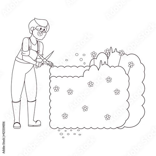 Isolated man cutting a bush - Vector illustration