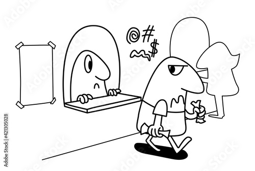 Angry customer insulting the ticket clerk. Customer Support. Ticket seller at the window. Funny cute characters hand drawn cartoon sketch style black and white vector illustration.