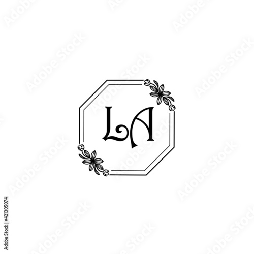 LA initial letters Wedding monogram logos, hand drawn modern minimalistic and frame floral templates