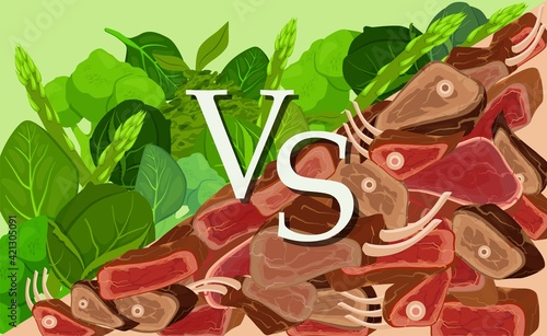 Meat versus vegetables clipart. Confrontation between vegans and meat lovers battle between supporters clean green eco food and fans carse fried vector steaks.
