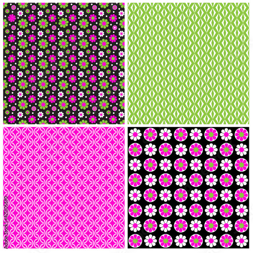 mod pink green black seamless floral and geometric vector patterns
