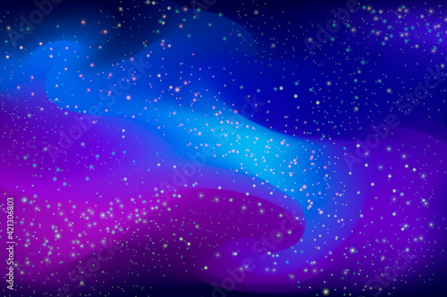 Cosmic gradient space with stars background. Universe purple waves and blue nebulae with light from distant planets in vector galaxies.