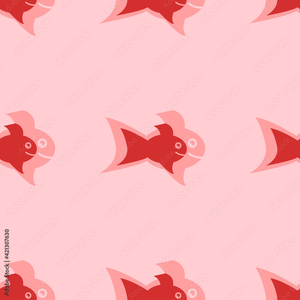 Obraz premium Seamless pattern of large isolated red gold fish symbols. The elements are evenly spaced. Vector illustration on light red background