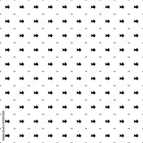 Square seamless background pattern from black gold fish symbols are different sizes and opacity. The pattern is evenly filled. Vector illustration on white background