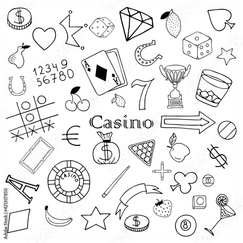 Vector hand drawn doodles with casino elements on white background