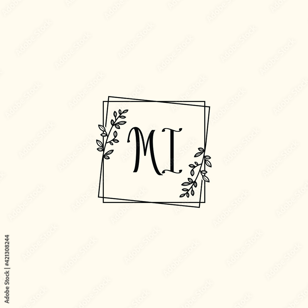 MI initial letters Wedding monogram logos, hand drawn modern minimalistic and frame floral templates