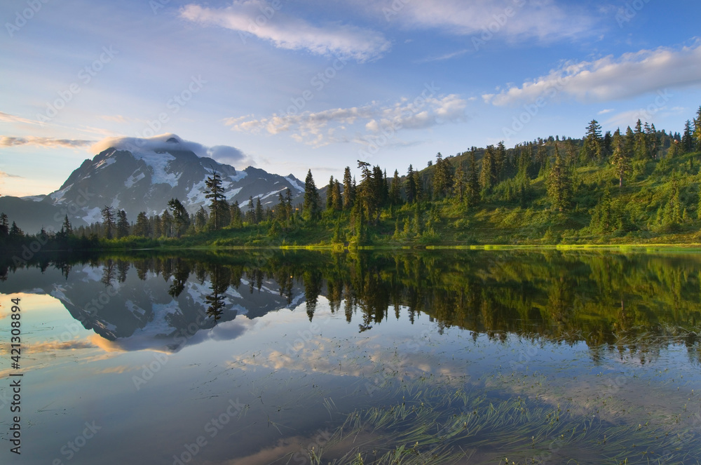 USA, Washington State. Mount Shuksan from Picture Lake, North Cascades.