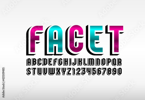 3D color font, trendy bright alphabet, condensed letters and numbers with black shadow, vector illustration 10EPS