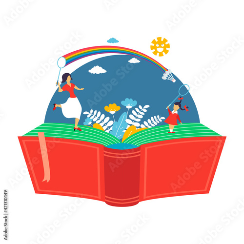 Dream to return to childhood. Mom and daughter play badminton. Open book page with girl and woman play badminton on nature background with flower, tree, rainbow, sun and clouds. Vector illustration