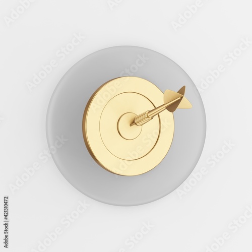 Gold dart target icon. 3d rendering round gray key button, interface element.