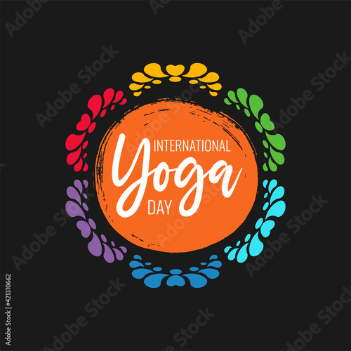 International Yoga Day celebrate 21 june. Greeting card, poster, banner, flyer, postcard concept design. Lotus flower symbol on black background. Vector illustration