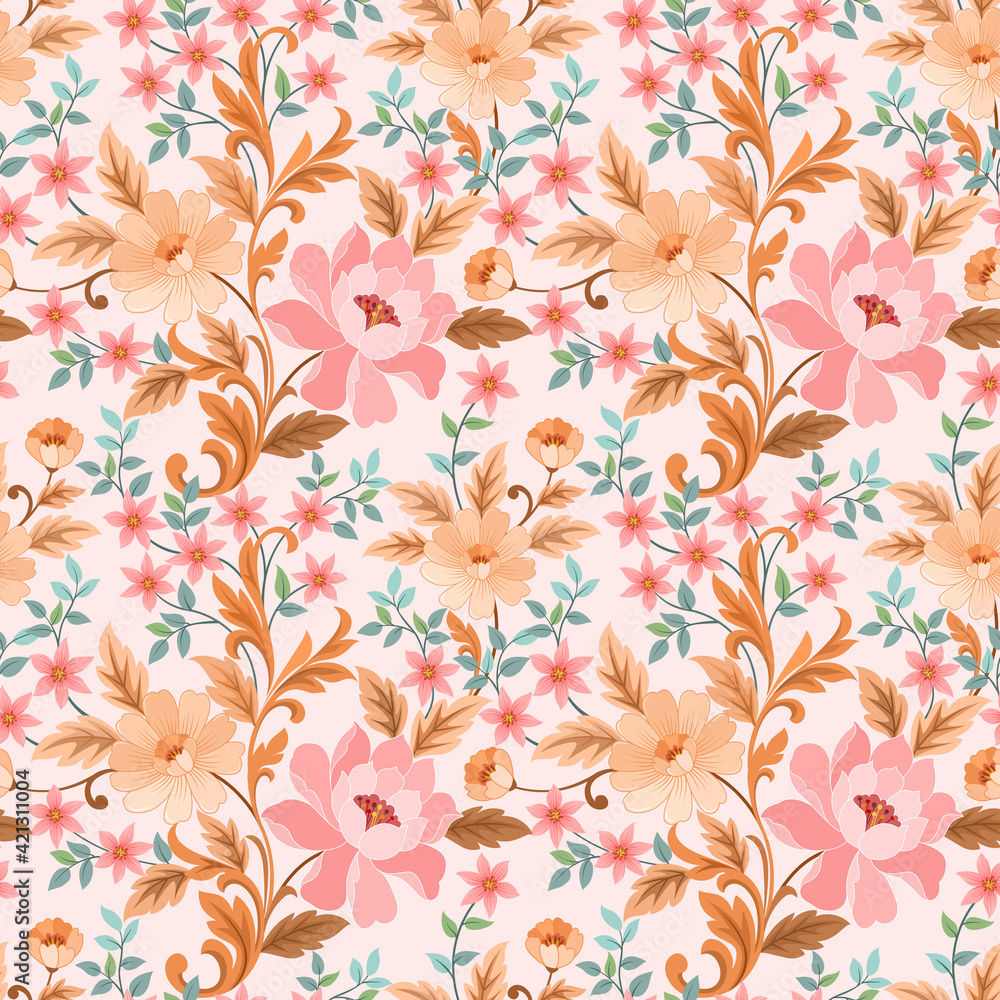 Pink hand drawn flower seamless pattern background design for fabrics, textiles, gift wrapping, wallpapers, backgrounds, and backdrops.