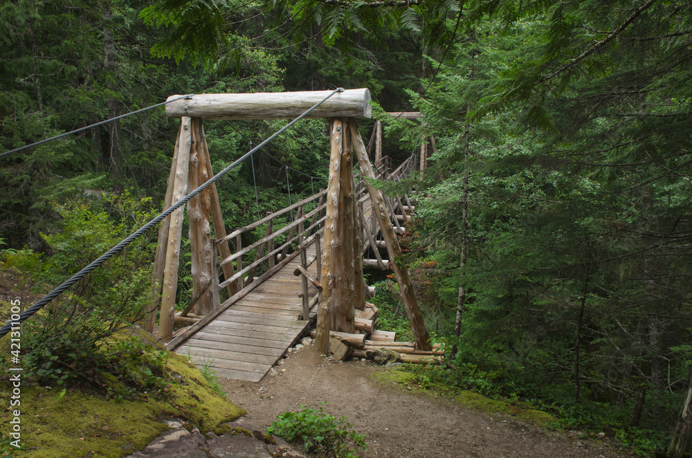 USA, Washington State. Suspension Bridge over Canyon Creek on the Suiattle River Trail, Glacier Peak Wilderness North Cascades. USA, Washington State. Suspension Bridge over Canyon Creek on the Suiattle River Trail, Glacier Peak Wilderness North Cascades.