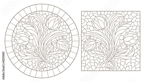 Set of contour illustrations in stained glass style with tulip flowers, dark outlines on a white background