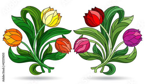 Set of illustrations in a stained glass style with bright tulip flowers, flowers isolated on a white background