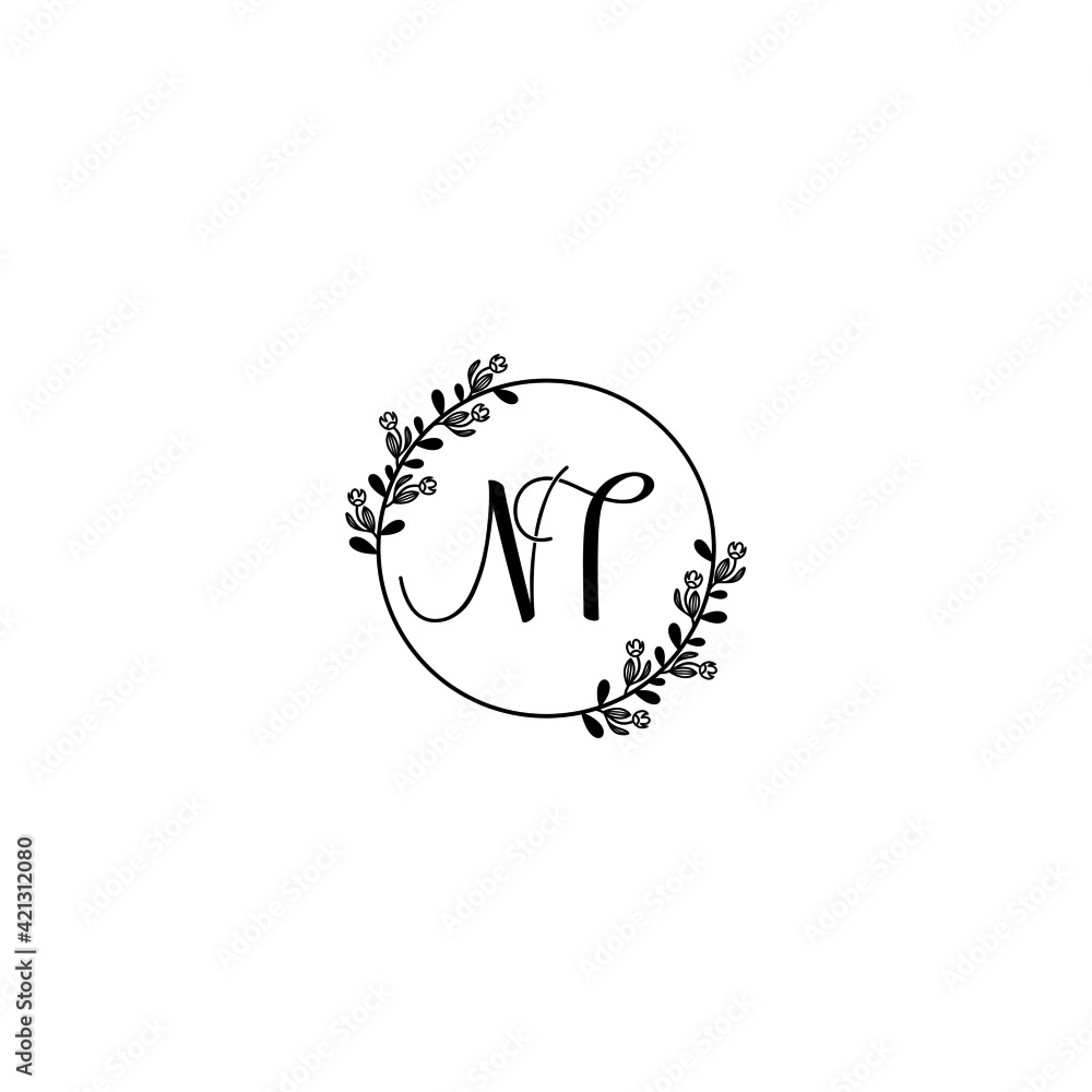 NT initial letters Wedding monogram logos, hand drawn modern minimalistic and frame floral templates