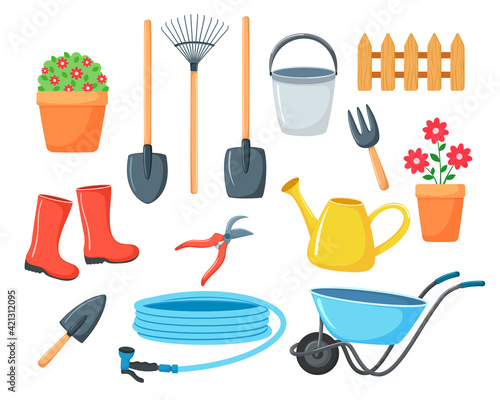 Set of vector illustrations for the garden. collection of items for agriculture in cartoon style. Isolated on white background. Watering can, boots, garden wheelbarrow, shovels, flowers, hose, bucket

