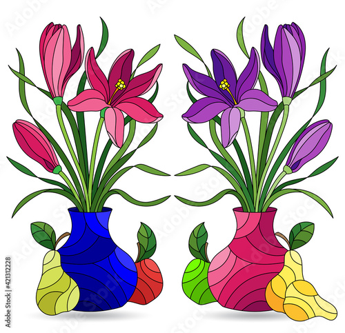 Set of illustrations in the stained glass style with floral still lifes and fruits, compositions isolated on a white background