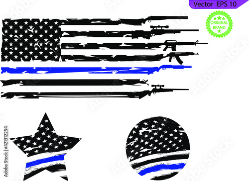 Thin blue line US flag. Flag with Police Blue Line - Distressed American flag. eps 10, sheriff star, flag shape badge set.	
