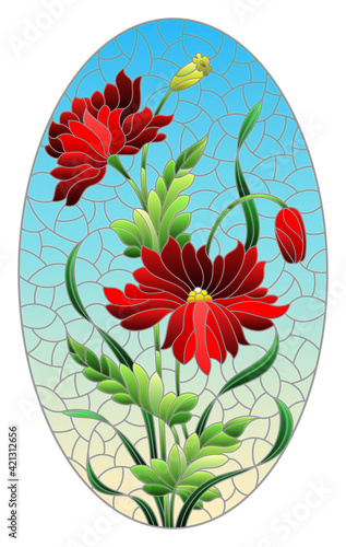 Illustration in stained glass style with red poppies flowers on a blue sky background, oval image