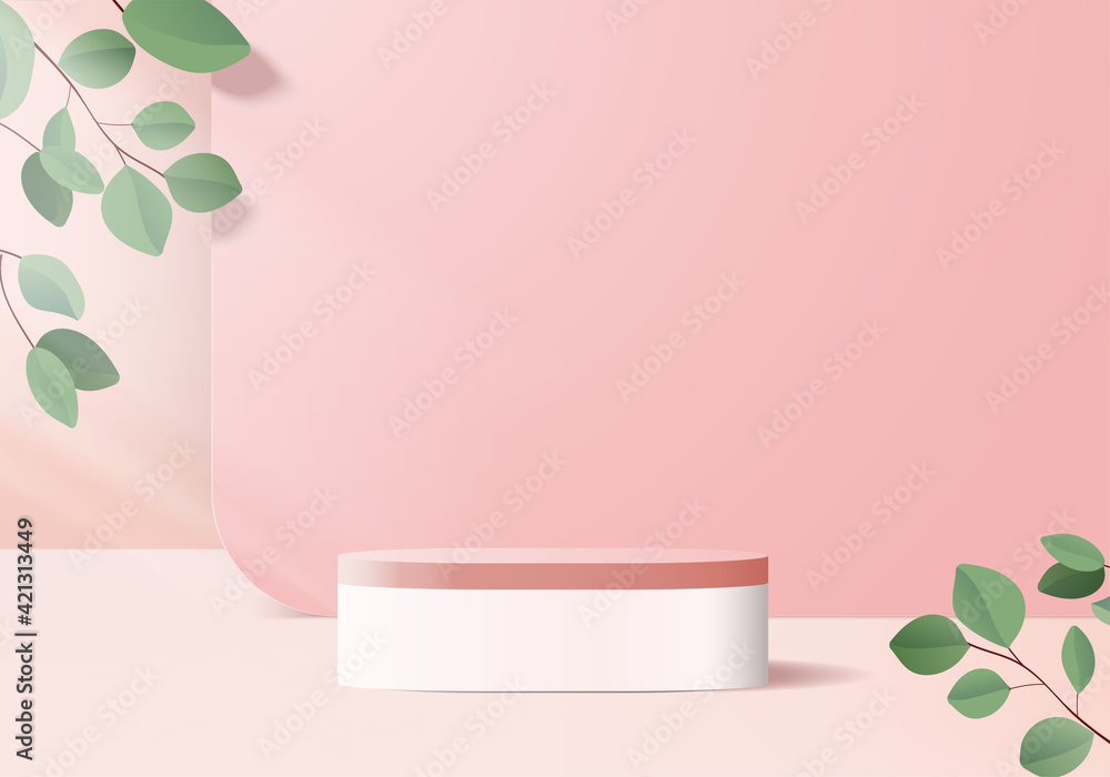 3d display product abstract minimal scene with leaf geometric podium platform. cylinder background vector 3d rendering with podium. stand for cosmetic products. Stage showcase on pedestal 3d pink 3d display product abstract minimal scene with leaf geometric podium platform. cylinder background vector 3d rendering with podium. stand for cosmetic products. Stage showcase on pedestal 3d pink