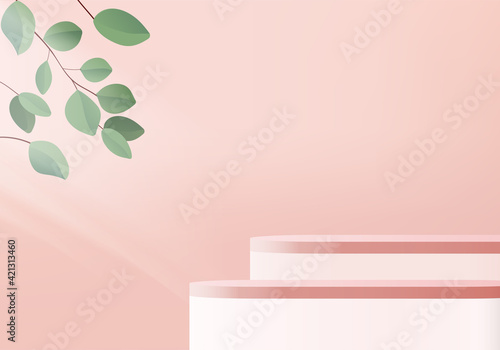 3d display product abstract minimal scene with leaf geometric podium platform. cylinder background vector 3d rendering with podium. stand for cosmetic products. Stage showcase on pedestal 3d pink