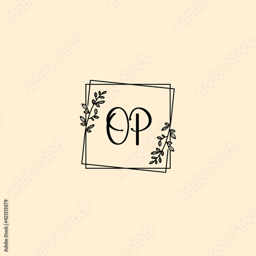 OP initial letters Wedding monogram logos, hand drawn modern minimalistic and frame floral templates