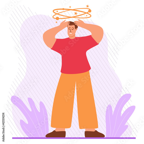 Man character dizziness.Man feeling vertigo.Isolated on white background.Vector flat illustration.