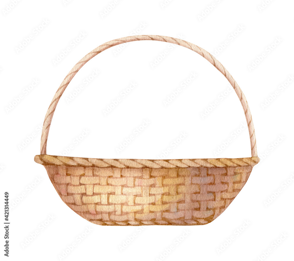 Empty willow basket. Watercolor illustration isolated on white. Empty willow basket. Watercolor illustration isolated on white.
