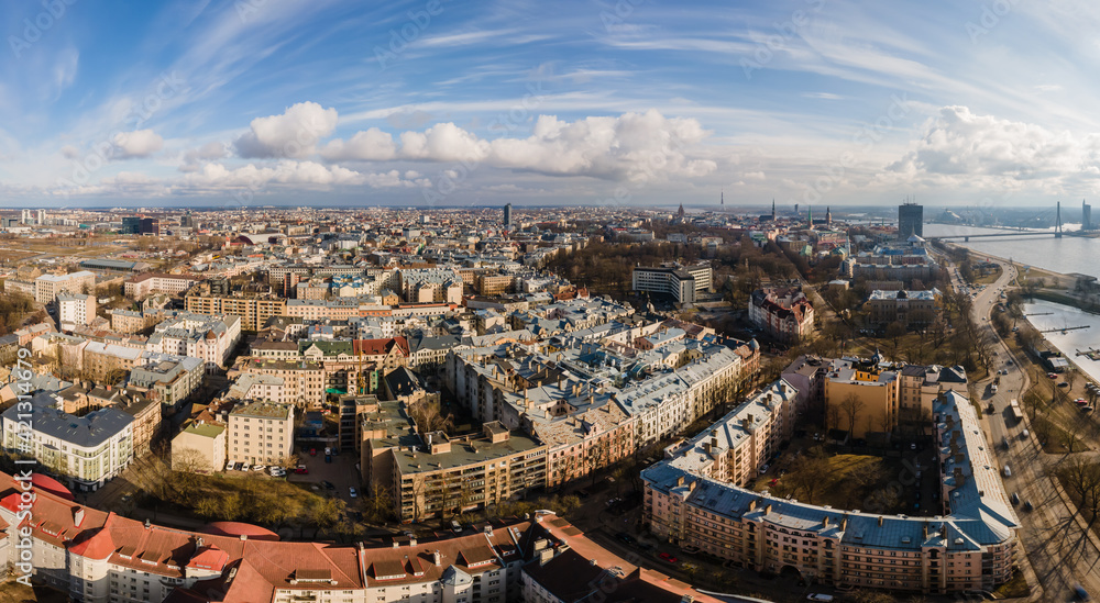 Panorama of Riga, Latvia from drone. City centre before sunset, daytime view. Classical architecture of Europe