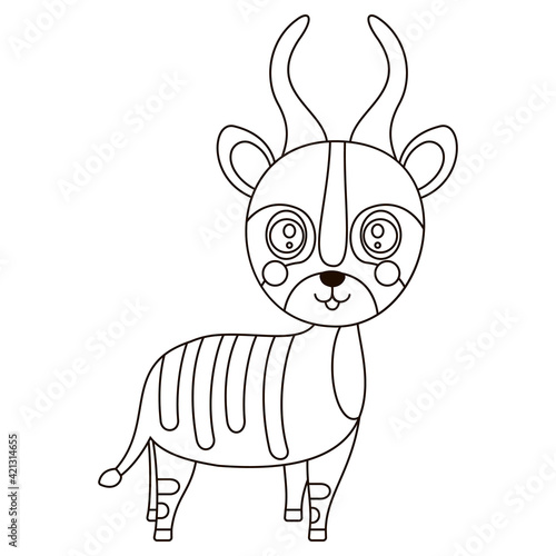 The little black and white cartoon bongo antelope. Isolated horned African contour animal for printing on children s production  coloring book. Vector.