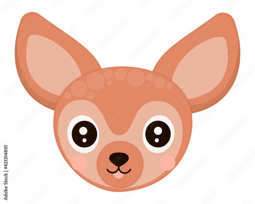 Cartoon face of cute African fennec fox with cheeks, protruding tongue on a white background. A head of the tropical animal for printing on children's production, sticker, logotype, emoji. Vector. Cartoon face of cute African fennec fox with cheeks, protruding tongue on a white background. A head of the tropical animal for printing on children's production, sticker, logotype, emoji. Vector.