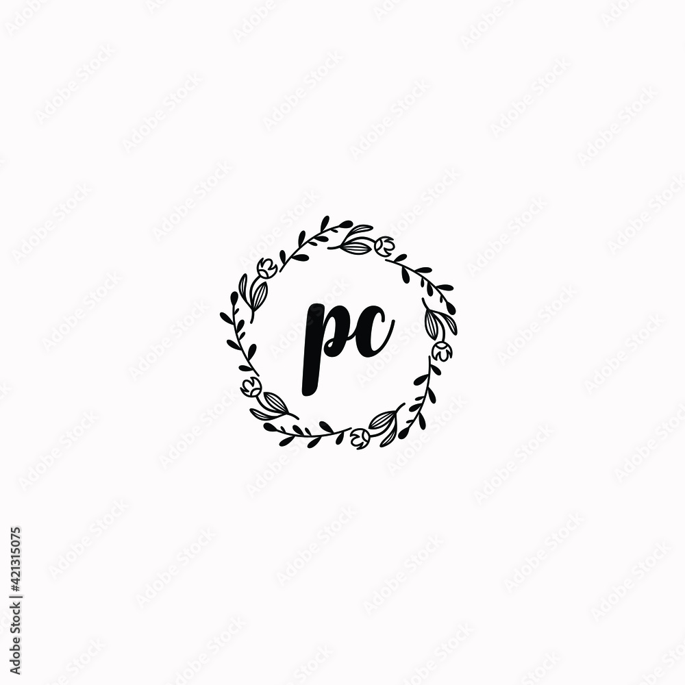 PC initial letters Wedding monogram logos, hand drawn modern minimalistic and frame floral templates