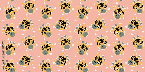 Cute cartoon seamless pattern of a baby giraffe muzzles with ruddy pink cheeks, protruding tongues, white circles on a pink background. The faces of African animals for nursery decor, apparel. Vector.