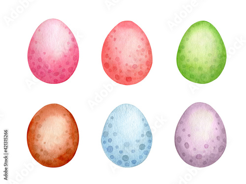 Set of colored Easter eggs - pink, red, green, orange, blue, lilac. Watercolor illustration isolated on white.