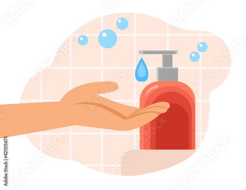 Human's hand use sanitizer with dispenser. Wash hands with liquid soap during pandemic for prevention and hygiene. Vector isolated illustration.