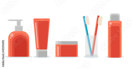 Bathroom cosmetic items isolated vector. Toothbrush and paste, cream, liquid soap, shampoo and lotion. Objects for morning hygiene and body care. Illustration in flat style in red colors.