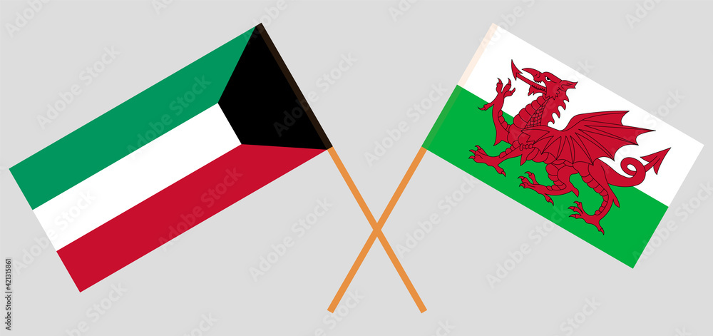 Crossed flags of Kuwait and Wales. Official colors. Correct proportion Crossed flags of Kuwait and Wales. Official colors. Correct proportion