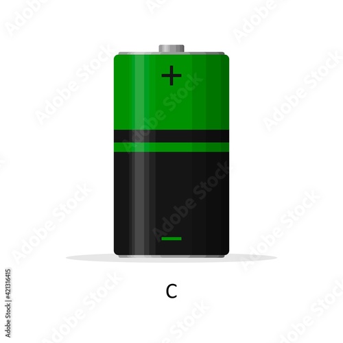 Alkaline battery C isolated on white background. Rechargeable battery energy storage cells flat modern style. Vector illustration