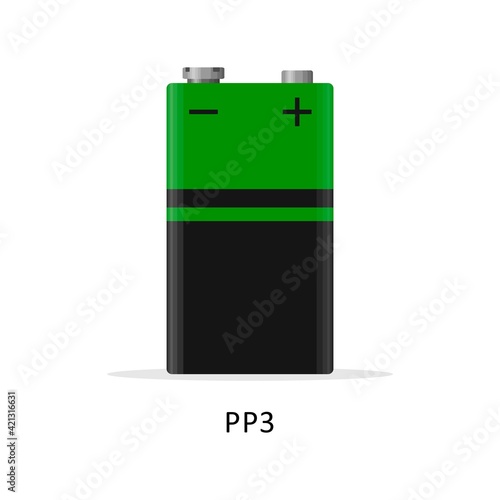 Alkaline battery PP3 isolated on white background. Rechargeable battery 9V energy storage cells flat modern style. Vector illustration