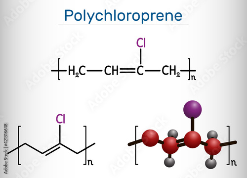 Neoprene, polychloroprene molecule. It is polymer, synthetic rubber obtained by polymerization of chloroprene. Structural chemical formula and molecule model photo