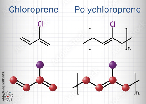 Chloroprene and polychloroprene molecule. Monomer and polymer. Neoprene, synthetic rubber obtained by polymerization of chloroprene. Structural chemical formula, molecule model