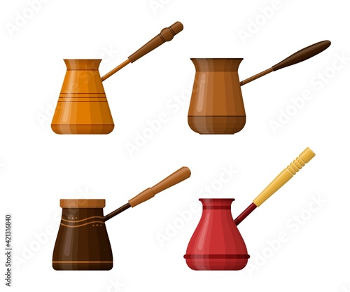 Coffee cezve set isolated on white background.. Bowl with a handle for making coffee on the stove. Turkish pots of coffee. Hand-drawn coffee makers. Coffeepot Vector illustration