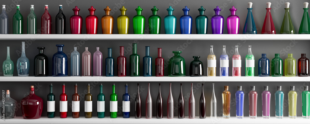 Shelf with colorful bottles and potions 3d render 3d illustration
