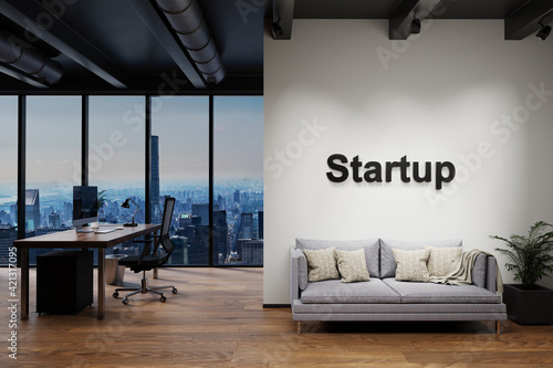 modern luxury loft with skyline view and single vintage couch, wall with startup lettering, 3D Illustration