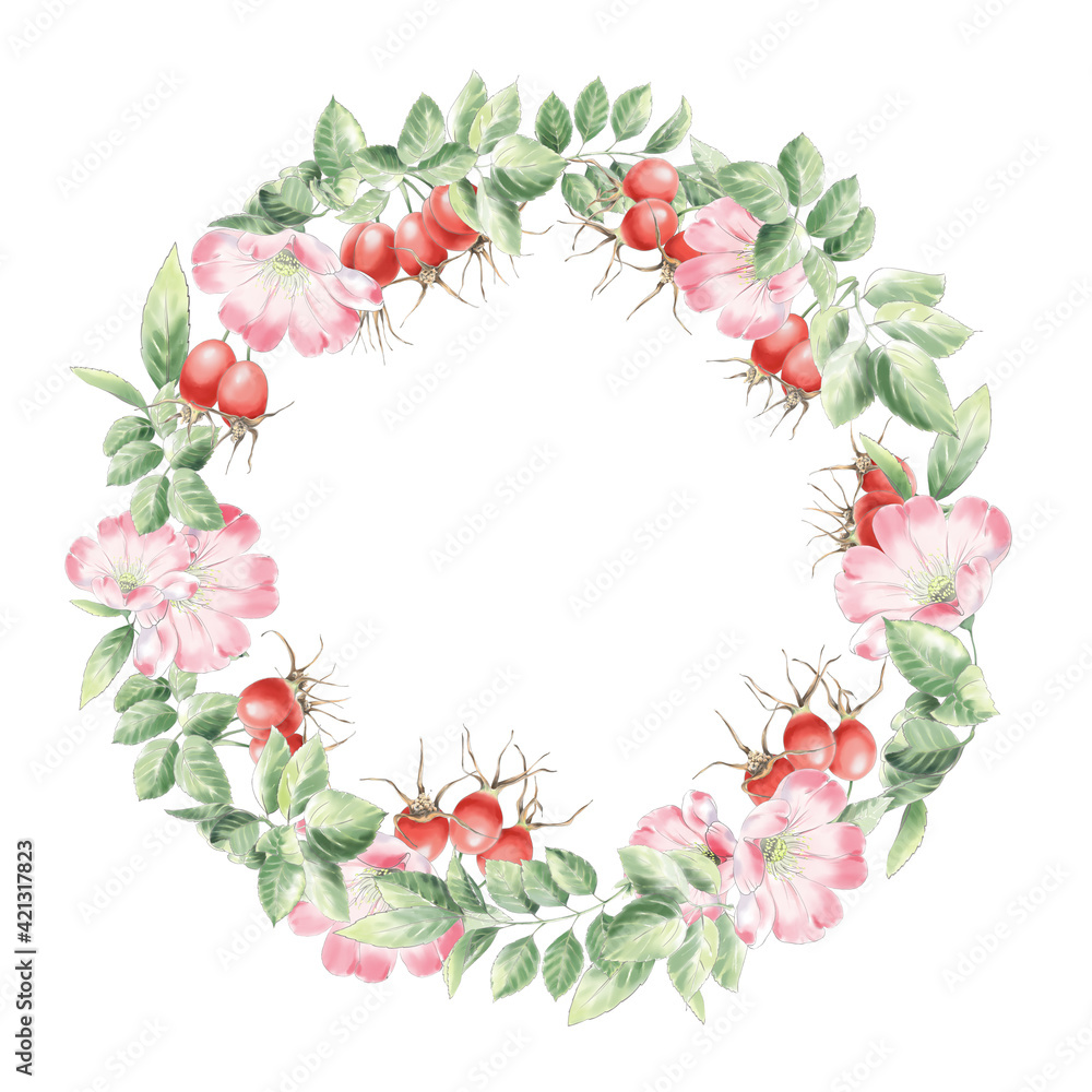 Rose hip frame for the tea naming, circle wreath rose hip gift card, floral, berries illustration. Tea label concept. Rounded flower and briar fruit border pattern isolated on white. Rose hip frame for the tea naming, circle wreath rose hip gift card, floral, berries illustration. Tea label concept. Rounded flower and briar fruit border pattern isolated on white.