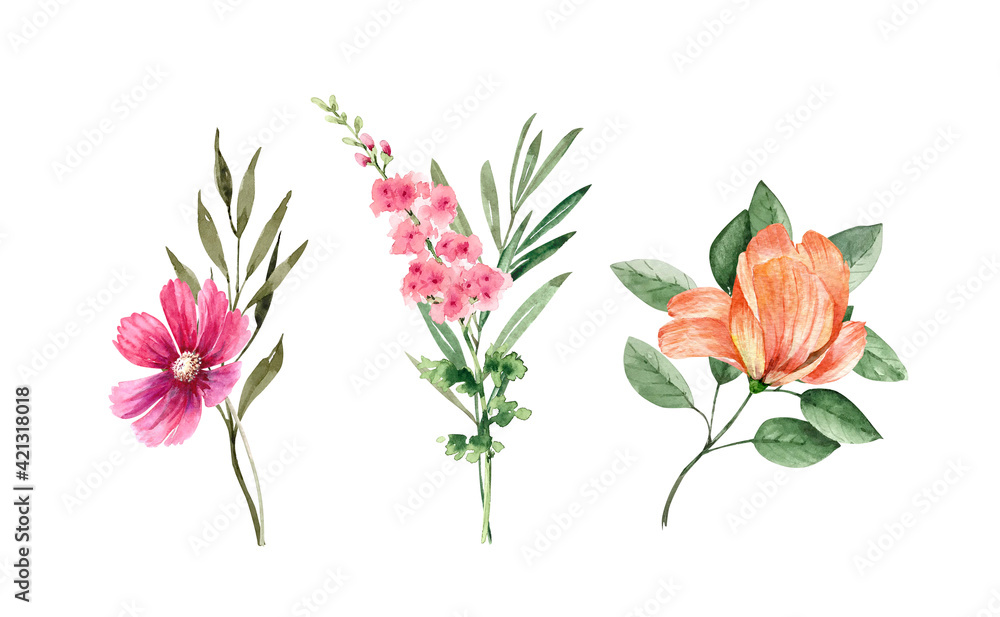 Obraz premium watercolor set of delicate bouquets of flowers on a white background, illustration hand painted close up 