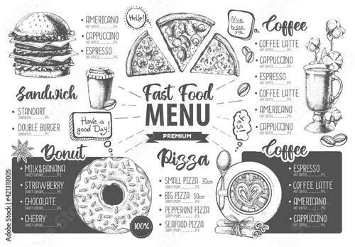 Restaurant menu design. Decorative sketch of pizza, sandwich and dessert. Fast food menu