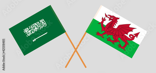Crossed flags of the Kingdom of Saudi Arabia and Wales. Official colors. Correct proportion