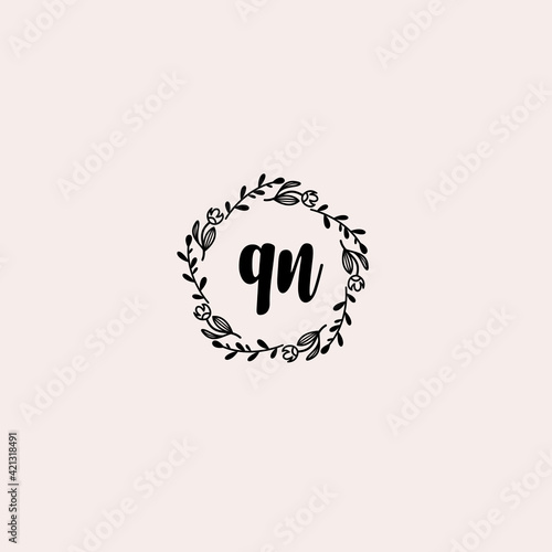 QN initial letters Wedding monogram logos, hand drawn modern minimalistic and frame floral templates